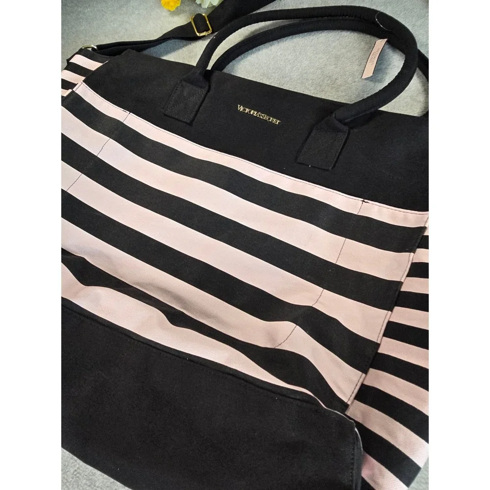 Victoria Secret Tote Bag Womens Pink Black Striped Weekender Large NWOT